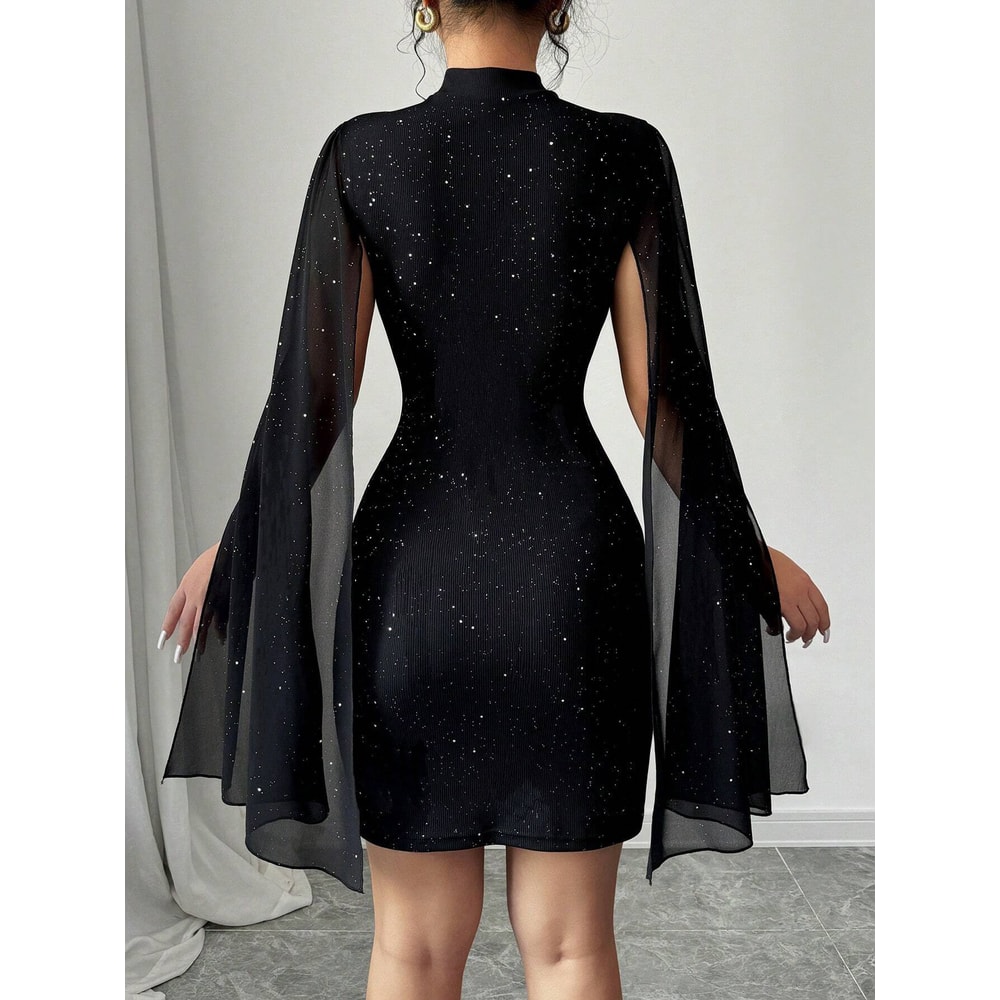 Women's Round Neck European and American Pit Stripe Pearl Chiffon Cape Hip Hugging Dress