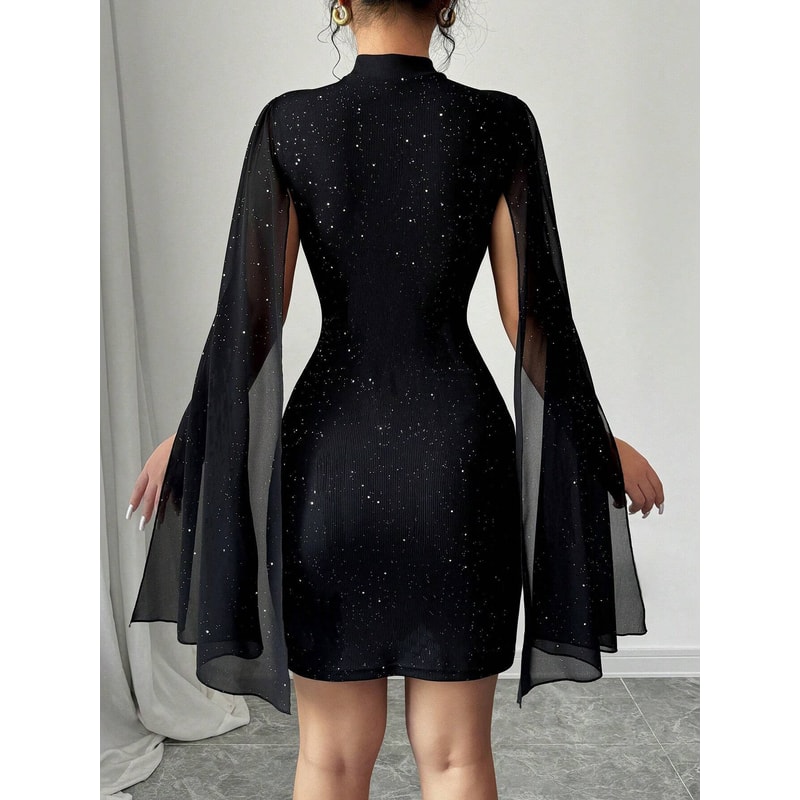 Women's Round Neck European and American Pit Stripe Pearl Chiffon Cape Hip Hugging Dress