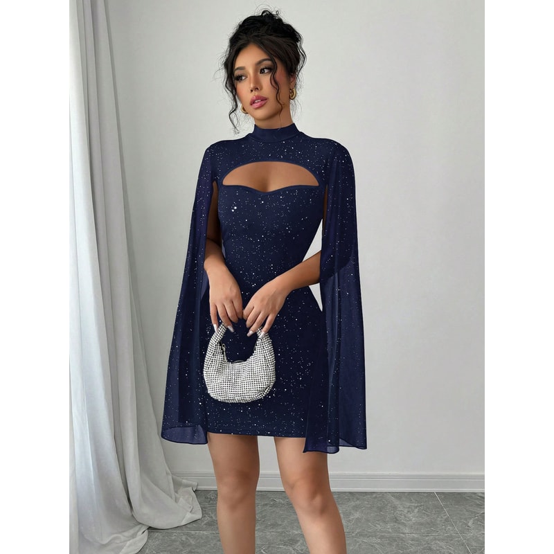 Women's Round Neck European and American Pit Stripe Pearl Chiffon Cape Hip Hugging Dress