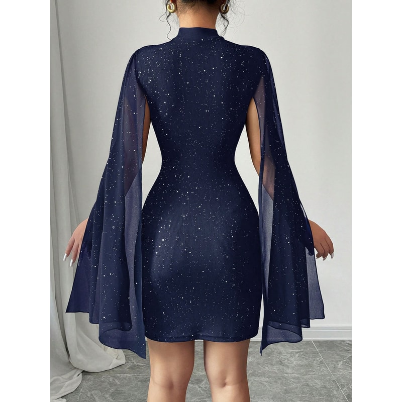 Women's Round Neck European and American Pit Stripe Pearl Chiffon Cape Hip Hugging Dress