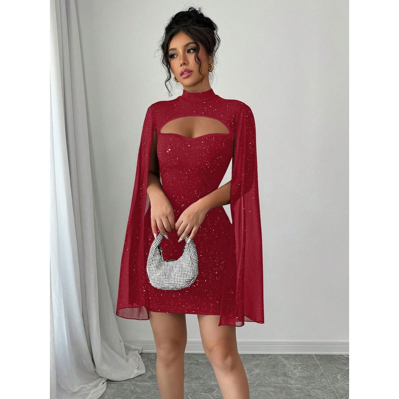 Women's Round Neck European and American Pit Stripe Pearl Chiffon Cape Hip Hugging Dress