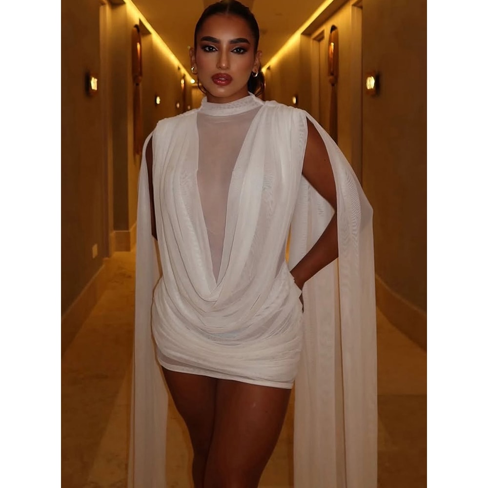 Elegant Bodycon Mini Dress Mesh Patchwork Sleeveless Swing Collar Midnight Fashion For Prom Party L 5