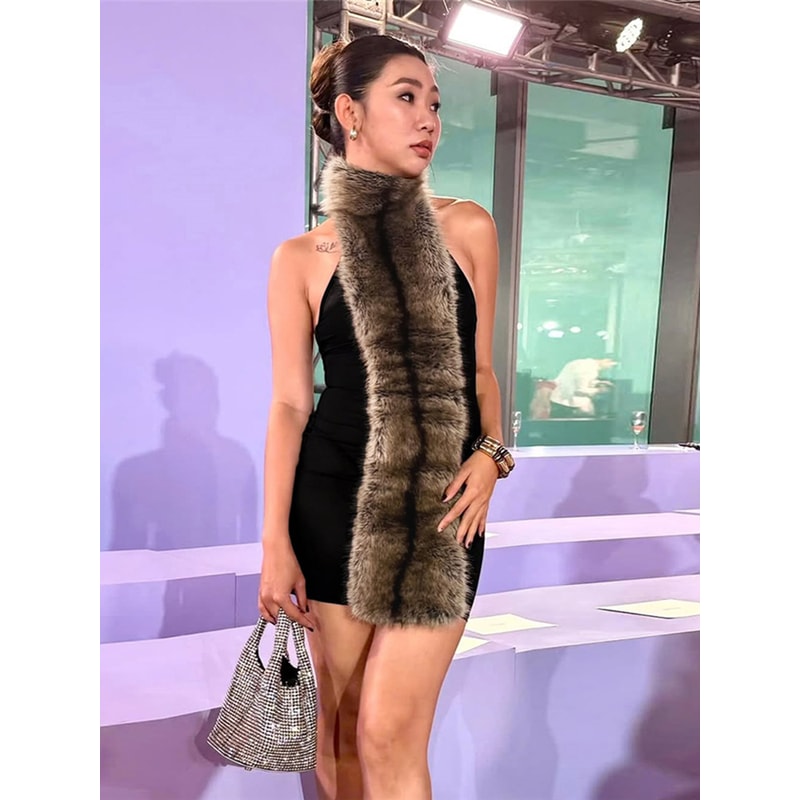 Nibber Backless Dress Women Fluff Patchwork Off Shoulder Halter Turtleneck Peach Bodycon Skinny Hig 2