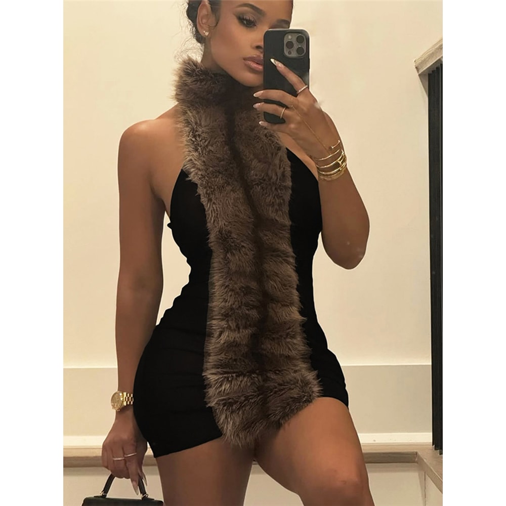 Nibber Backless Dress Women Fluff Patchwork Off Shoulder Halter Turtleneck Peach Bodycon Skinny Hig 3