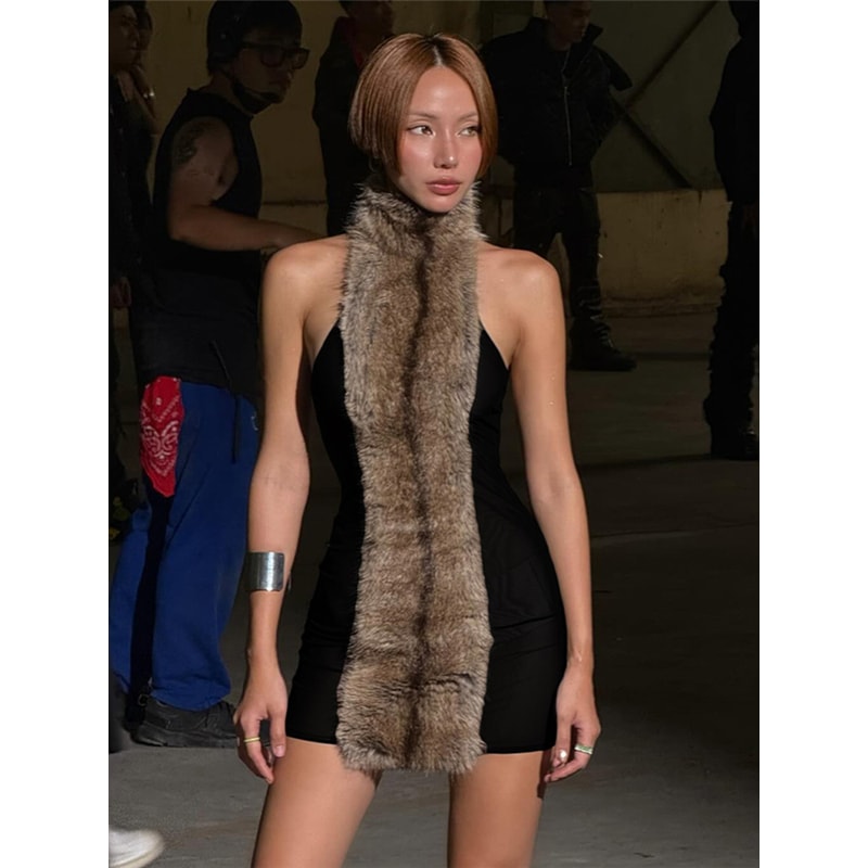 Nibber Backless Dress Women Fluff Patchwork Off Shoulder Halter Turtleneck Peach Bodycon Skinny Hig 4