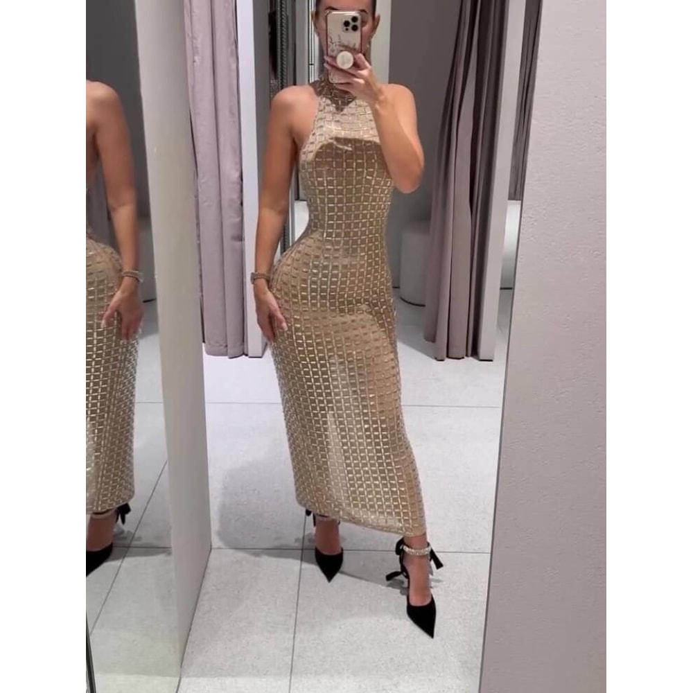 Elegant High Neck Sleeveless Maxi Dress For Women Slim Fit Long Robe 1