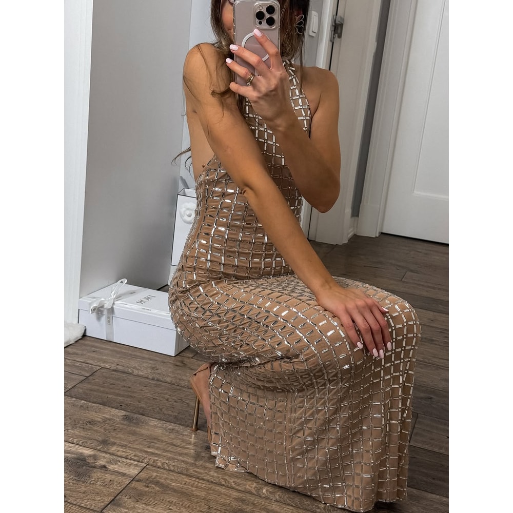 Elegant High Neck Sleeveless Maxi Dress For Women Slim Fit Long Robe 3