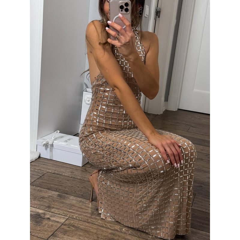 Elegant High Neck Sleeveless Maxi Dress For Women Slim Fit Long Robe 3