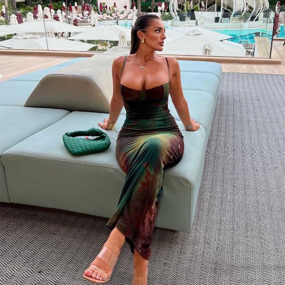 Summer Women Vintage Tie Dye Print Maxi Dress, Sexy Backless, Body-shaping Spaghetti Strap Robe, Elegant Party Vestido f