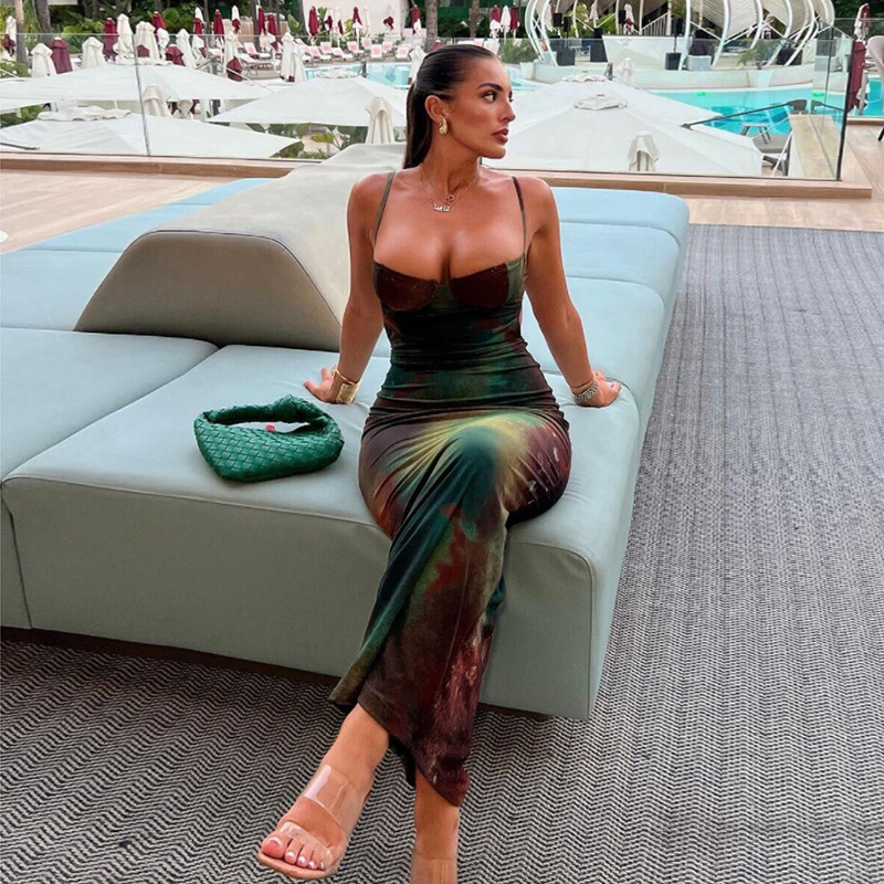 Summer Women Vintage Tie Dye Print Maxi Dress, Sexy Backless, Body-shaping Spaghetti Strap Robe, Elegant Party Vestido f