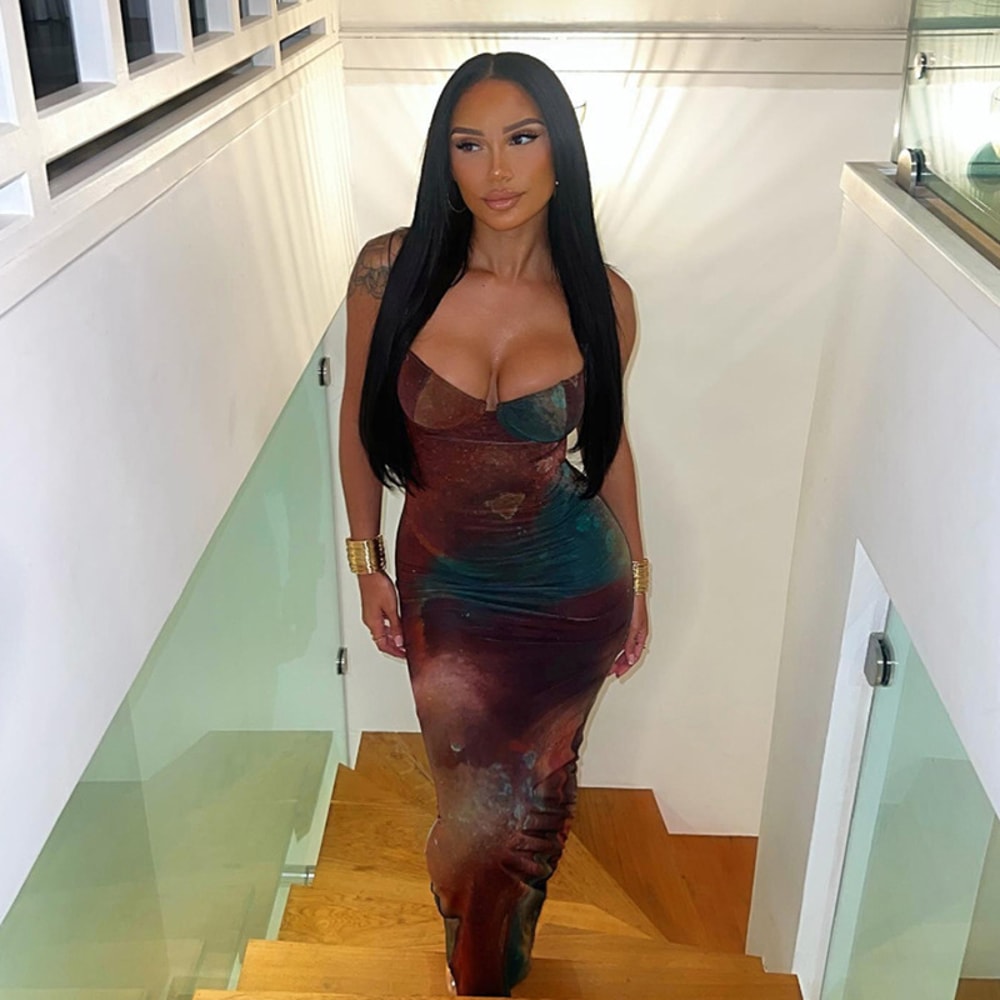 Summer Women Vintage Tie Dye Print Maxi Dress, Sexy Backless, Body-shaping Spaghetti Strap Robe, Elegant Party Vestido f