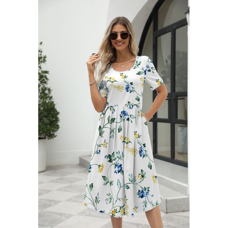 Elegant Printed Summer Dress for Women with Zipper Round Neck Short Sleeve