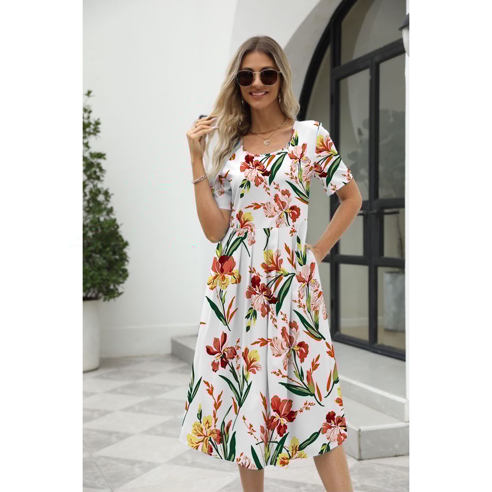 Elegant Printed Summer Dress for Women with Zipper Round Neck Short Sleeve