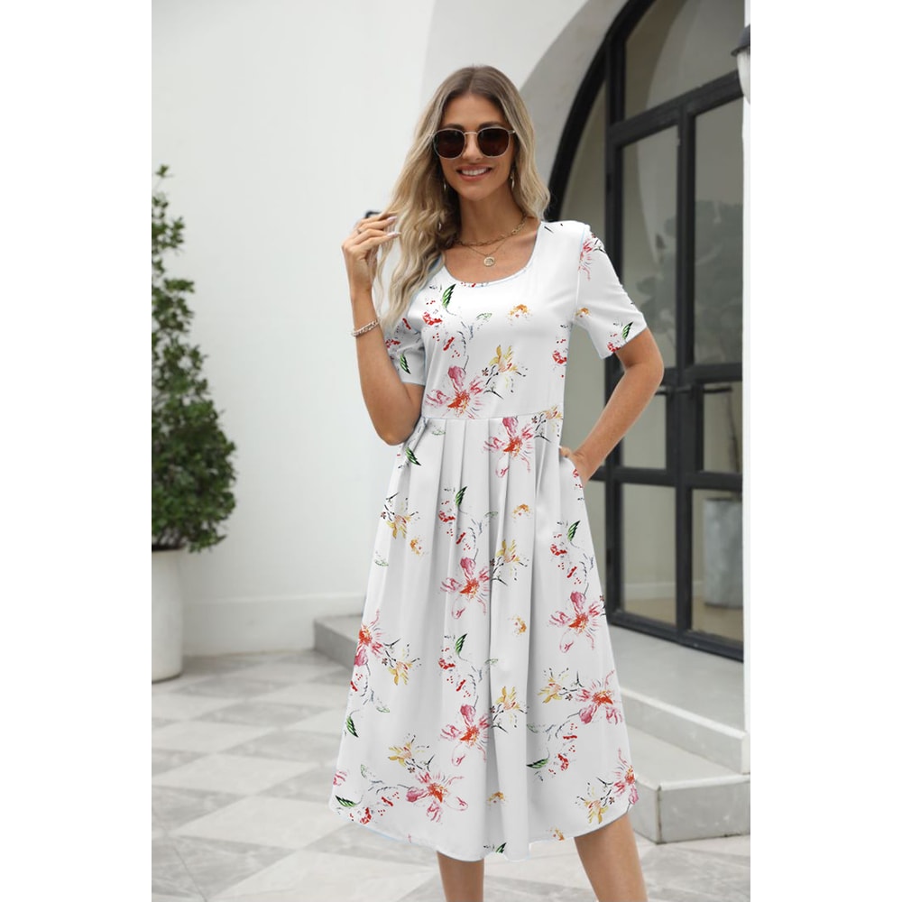 Elegant Printed Summer Dress for Women with Zipper Round Neck Short Sleeve