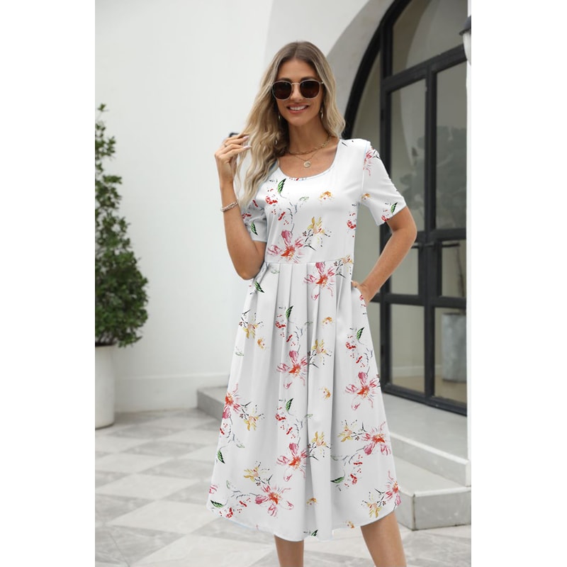 Elegant Printed Summer Dress for Women with Zipper Round Neck Short Sleeve