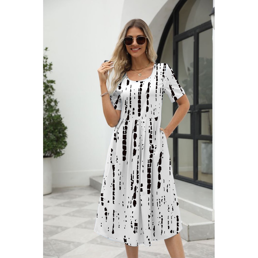 Elegant Printed Summer Dress for Women with Zipper Round Neck Short Sleeve