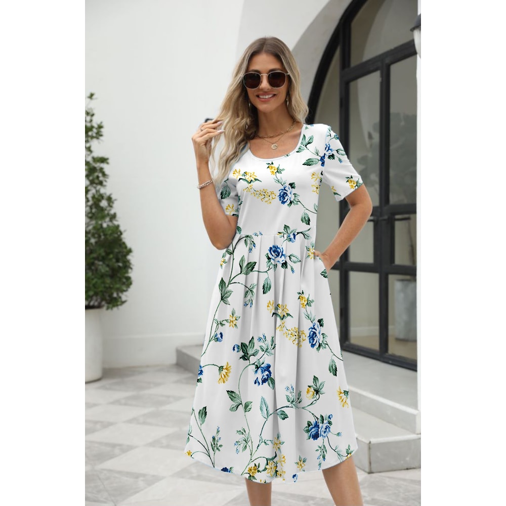 Elegant Printed Summer Dress for Women with Zipper Round Neck Short Sleeve