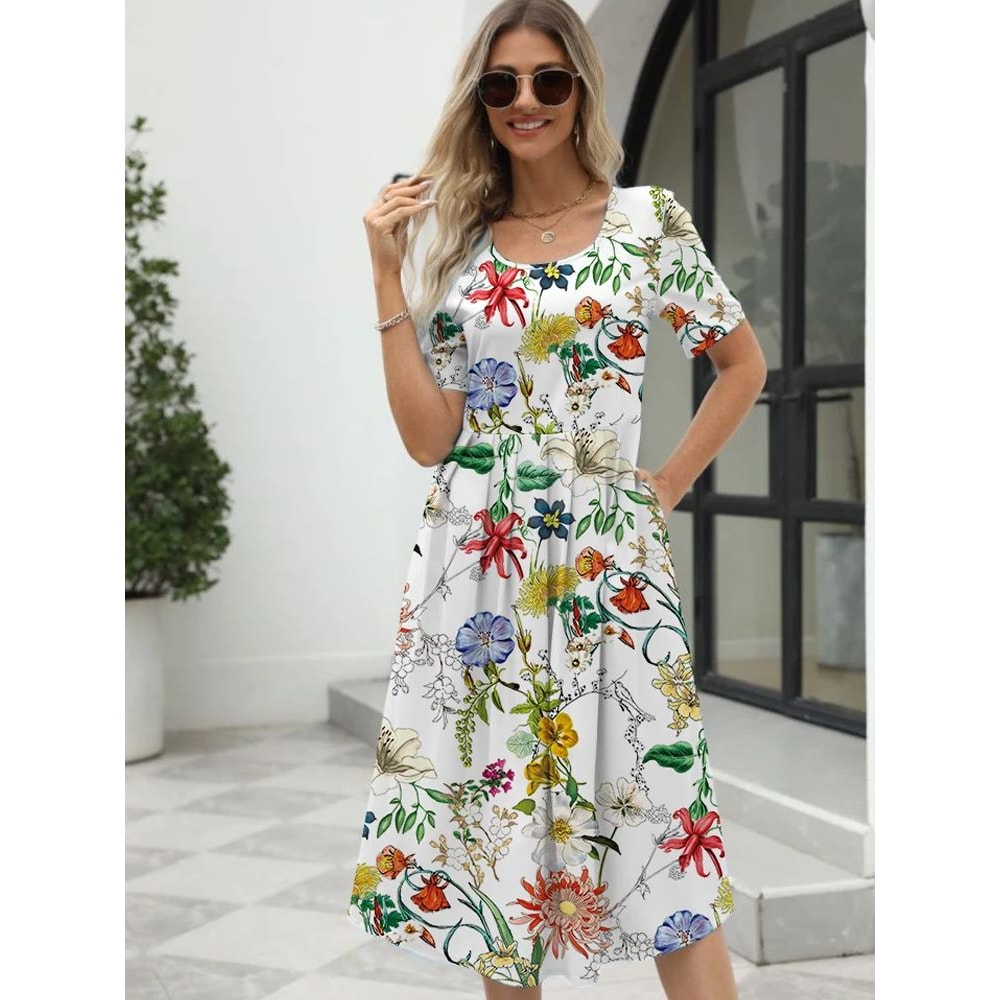 Elegant Printed Summer Dress for Women with Zipper Round Neck Short Sleeve
