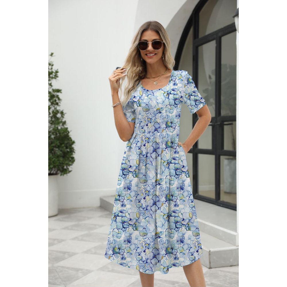 Elegant Printed Summer Dress for Women with Zipper Round Neck Short Sleeve