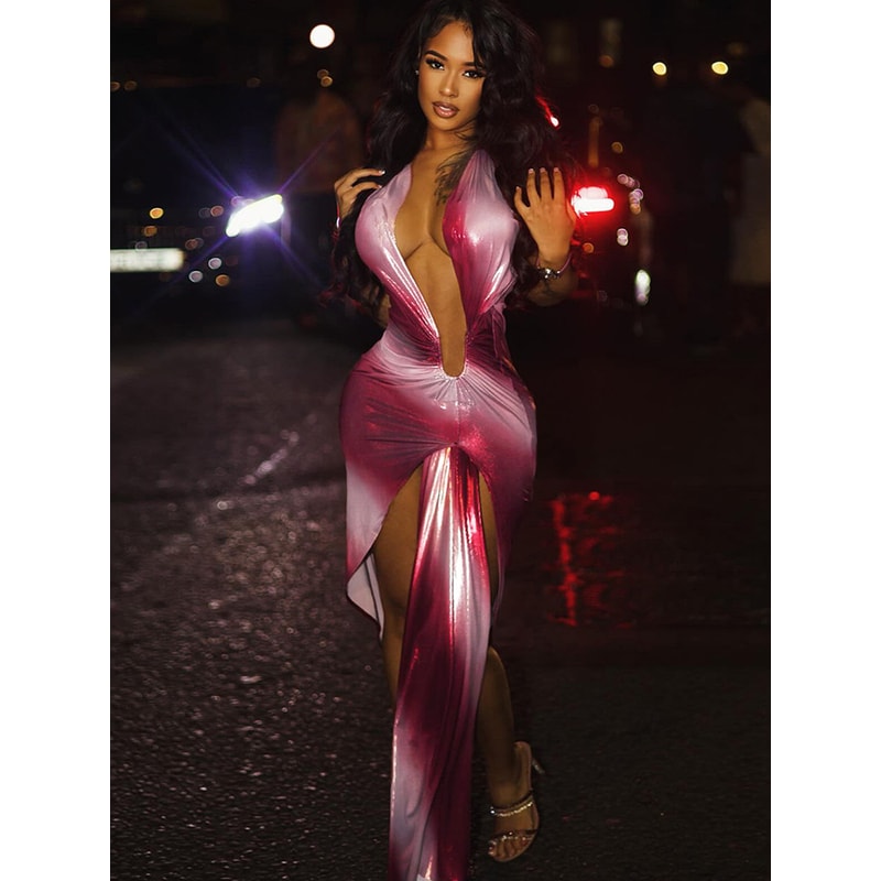 Sexy Nibber Ruched Gradient Print Maxi Dress Women Long Tassel Deep VNeck High Slit Midnight Beach 0