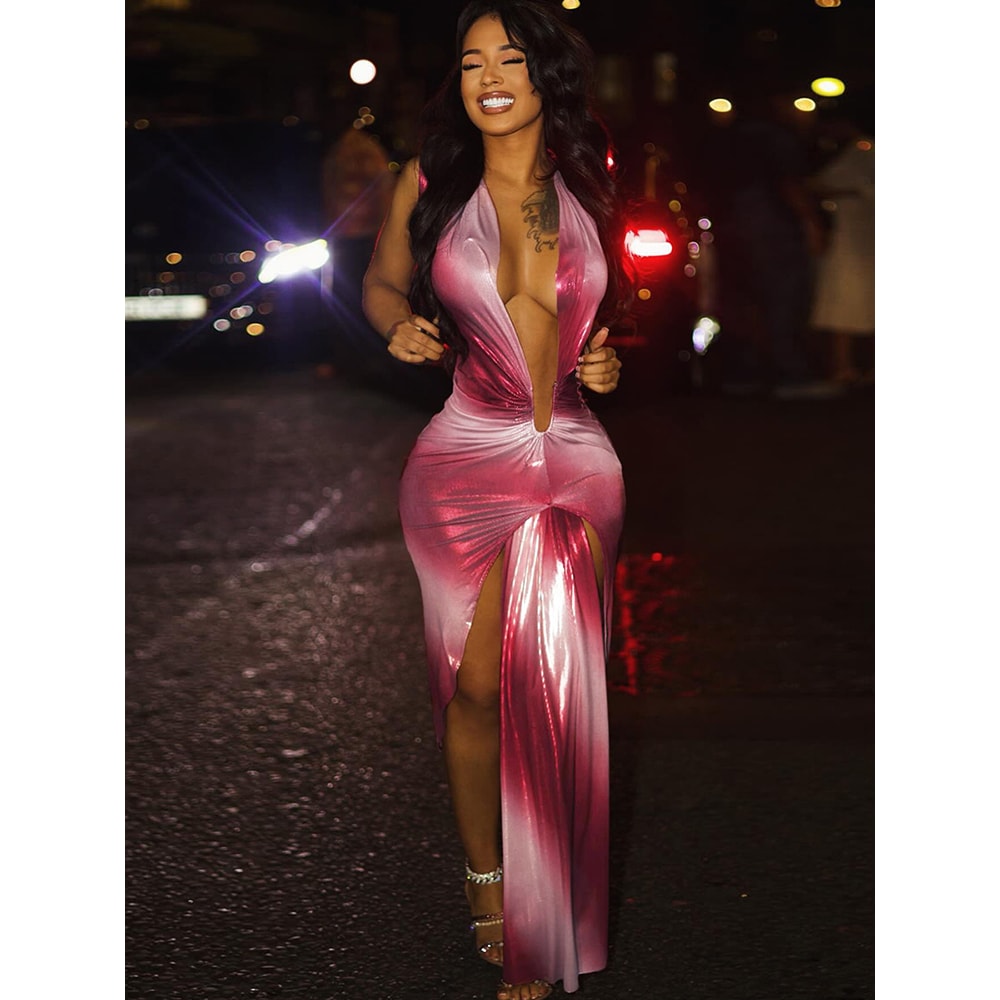 Sexy Nibber Ruched Gradient Print Maxi Dress Women Long Tassel Deep VNeck High Slit Midnight Beach 5