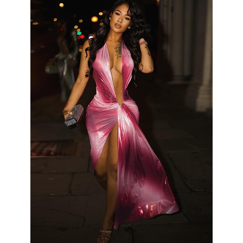 Sexy Nibber Ruched Gradient Print Maxi Dress Women Long Tassel Deep VNeck High Slit Midnight Beach 4