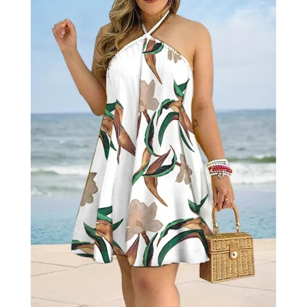 Boho Backless Halter Dress, Floral Print Summer Dress for Women