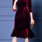 Elegant Velvet Plus Size Midi Dress With VNeck ThreeQuarter Sleeves And Ruffled Hem For Special Occ 0