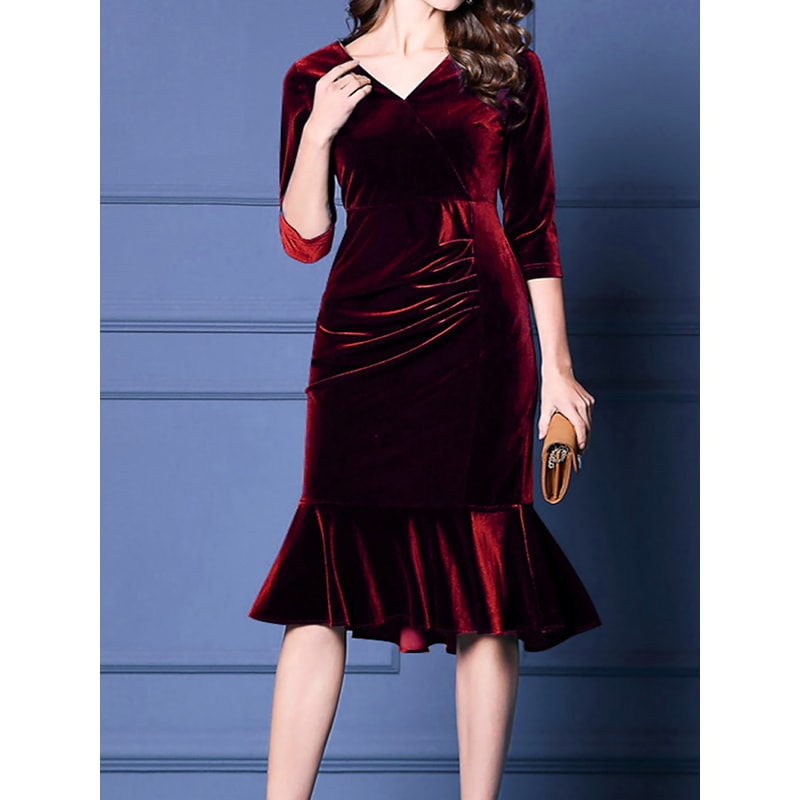 Elegant Velvet Plus Size Midi Dress With VNeck ThreeQuarter Sleeves And Ruffled Hem For Special Occ 0
