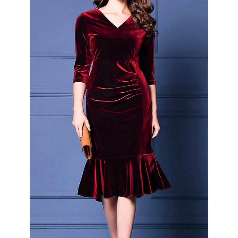 Elegant Velvet Plus Size Midi Dress With VNeck ThreeQuarter Sleeves And Ruffled Hem For Special Occ 4