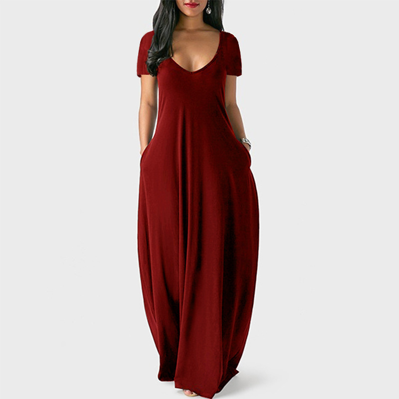 Women's Sexy Deep V Solid Color Dress, European and American Spring and Summer Long Skirt
