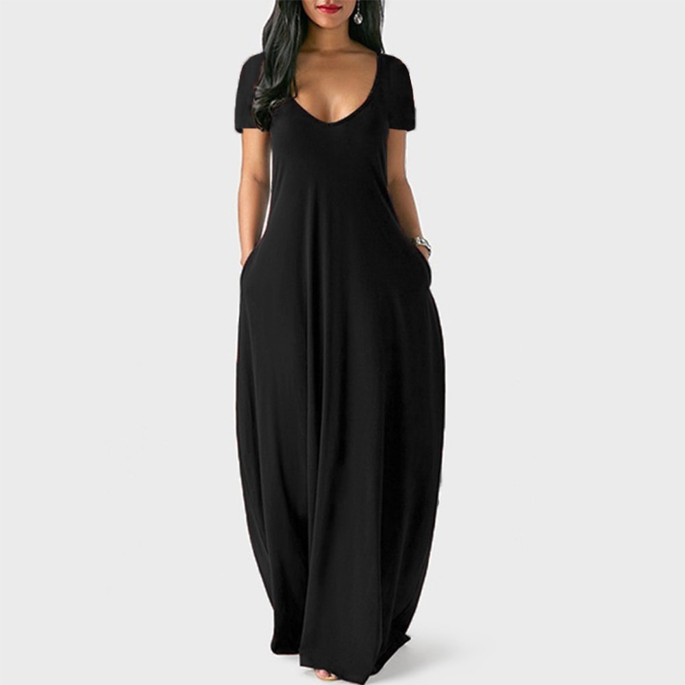 Women's Sexy Deep V Solid Color Dress, European and American Spring and Summer Long Skirt