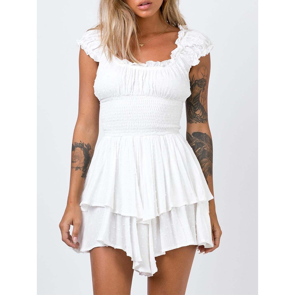 Sexy Summer Mini Dress Women One Shoulder Wrap Slim Fit Short Sleeve Pure Color Waist Hottie 3