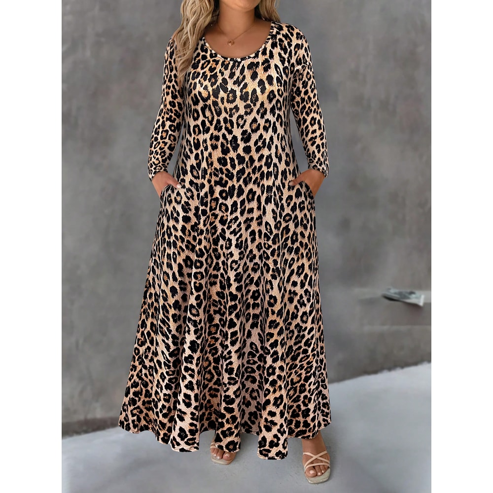 Women's Plus Size Leopard Print Maxi Dress, Long Sleeve with Pockets, Perfect for Casual Fall