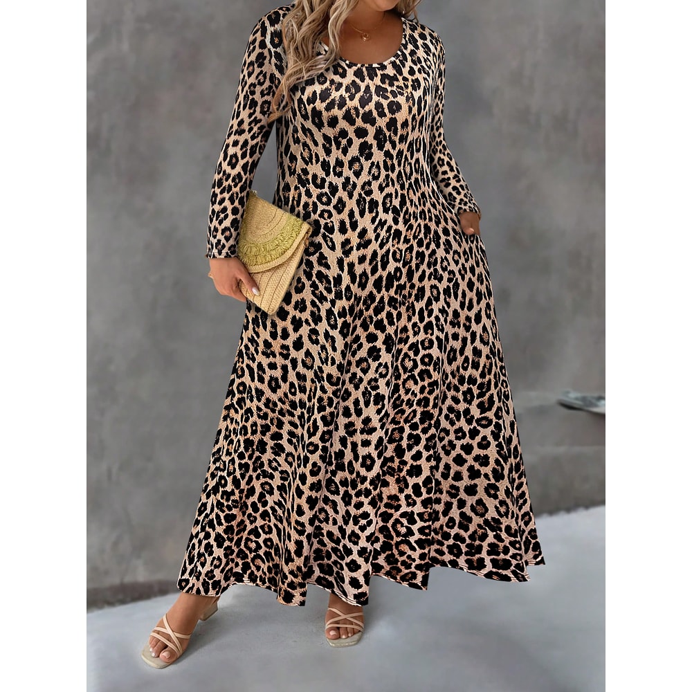 Women's Plus Size Leopard Print Maxi Dress, Long Sleeve with Pockets, Perfect for Casual Fall
