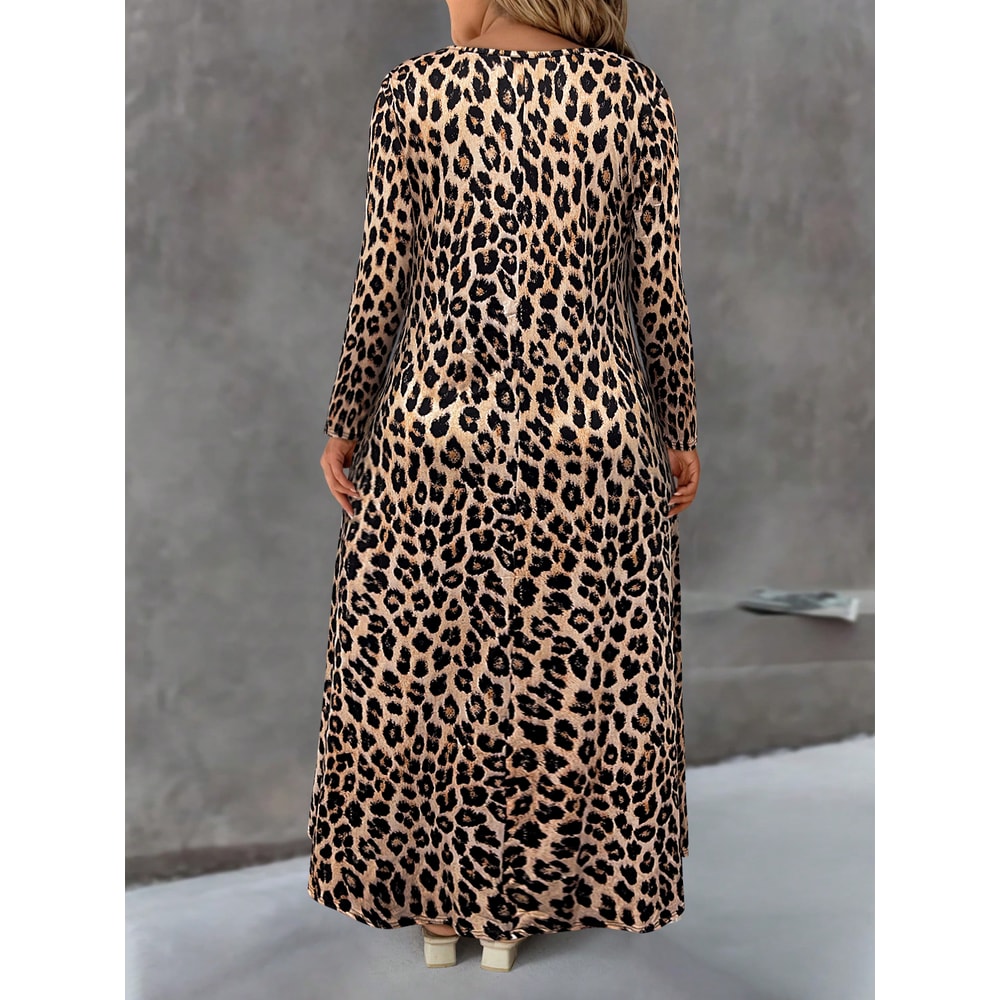 Women's Plus Size Leopard Print Maxi Dress, Long Sleeve with Pockets, Perfect for Casual Fall