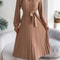 Elegant Womens Autumn Winter Vneck Buttoned Laceup Pleated Long Skirt Dress 0