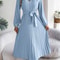 Elegant Womens Autumn Winter Vneck Buttoned Laceup Pleated Long Skirt Dress 6