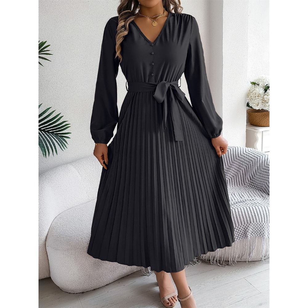 Elegant Womens Autumn Winter Vneck Buttoned Laceup Pleated Long Skirt Dress 2