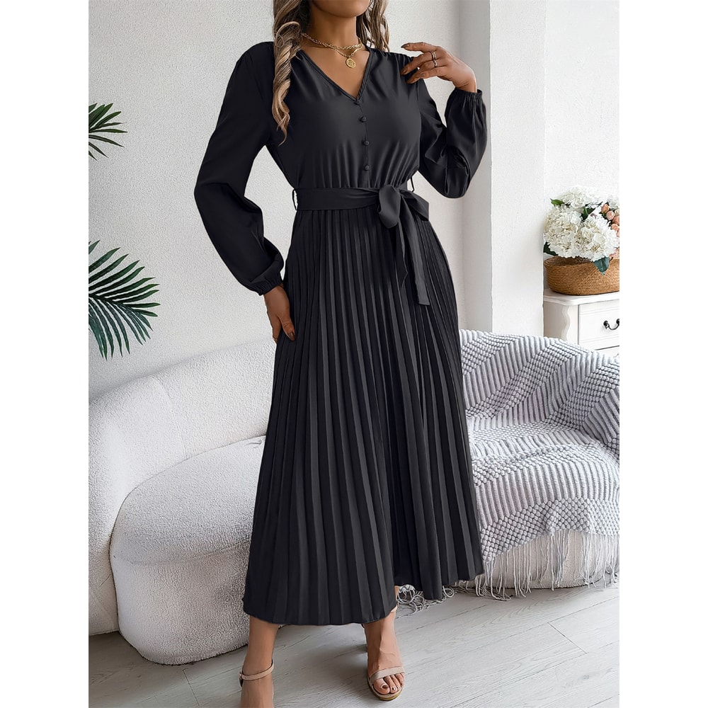 Elegant Womens Autumn Winter Vneck Buttoned Laceup Pleated Long Skirt Dress 4