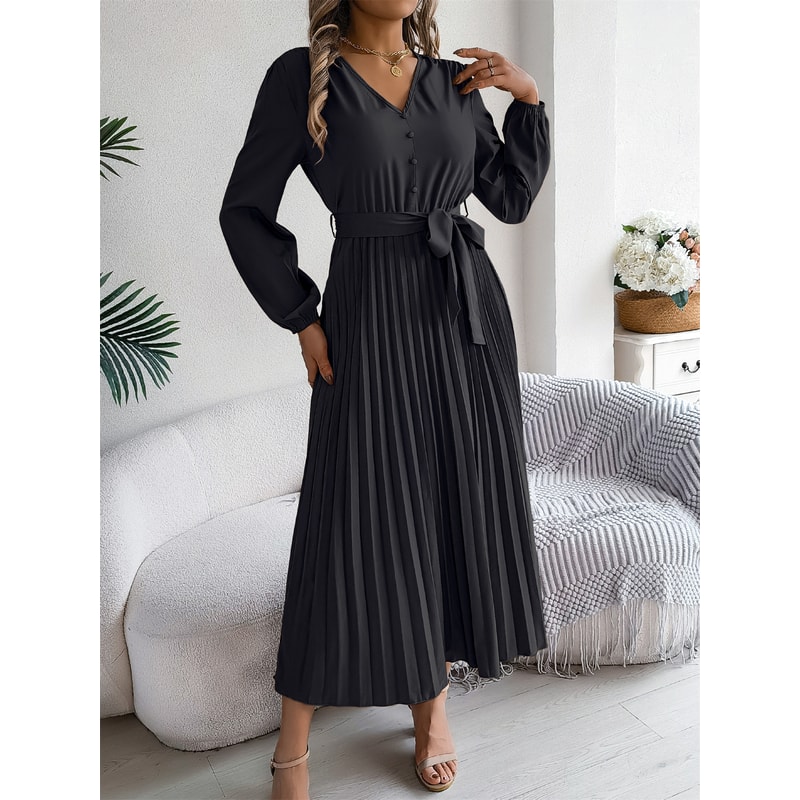 Elegant Womens Autumn Winter Vneck Buttoned Laceup Pleated Long Skirt Dress 4