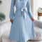 Elegant Womens Autumn Winter Vneck Buttoned Laceup Pleated Long Skirt Dress 3