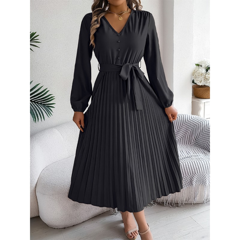Elegant Womens Autumn Winter Vneck Buttoned Laceup Pleated Long Skirt Dress 7
