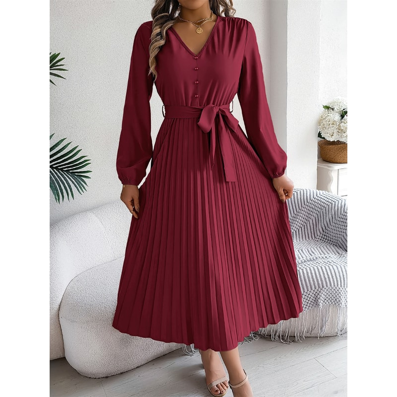 Elegant Womens Autumn Winter Vneck Buttoned Laceup Pleated Long Skirt Dress 8