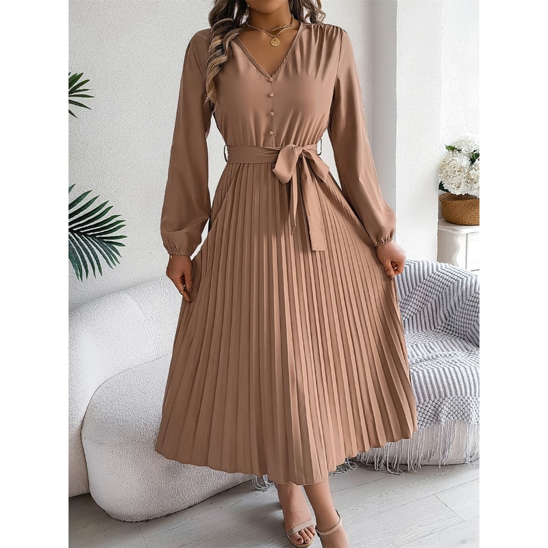 Elegant Womens Autumn Winter Vneck Buttoned Laceup Pleated Long Skirt Dress 5