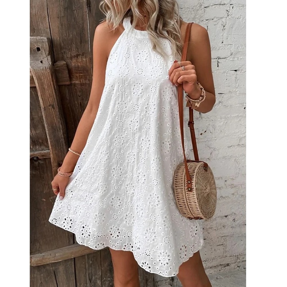 Elegant White A Line Sleeveless Dress for Women Halter Short Summer Dress