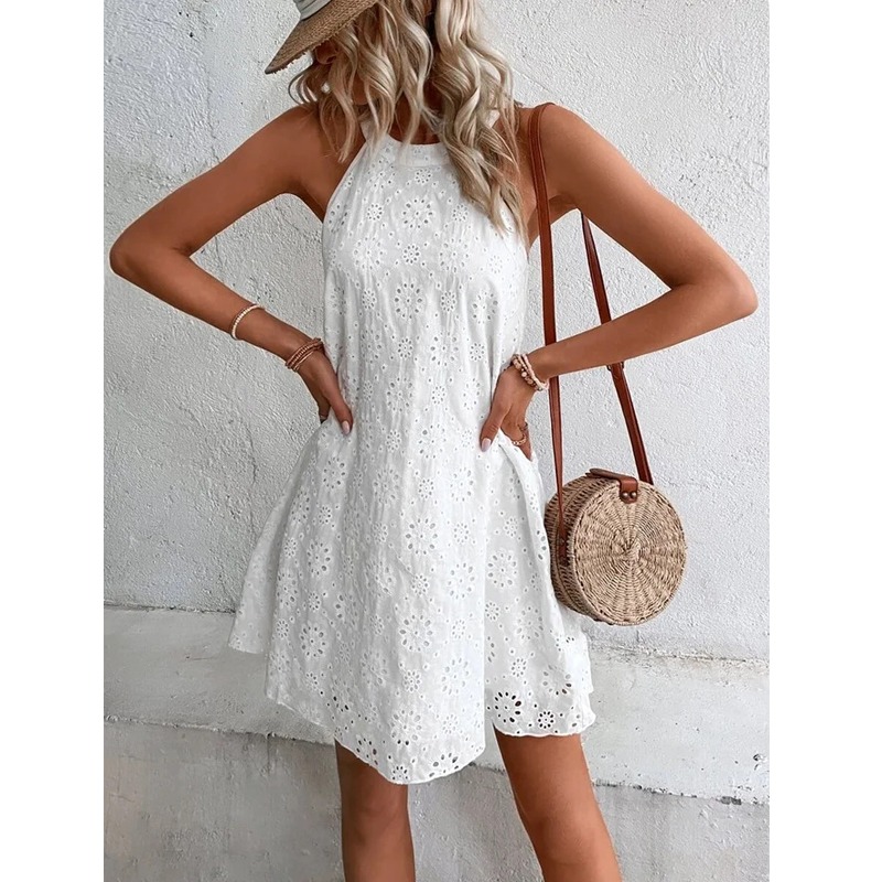 Elegant White A Line Sleeveless Dress for Women Halter Short Summer Dress