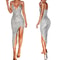 Silver Sequined Glitter Deep V-neck Bodycon Long Dress, High Split, Thin Spaghetti Straps