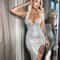Silver Sequined Glitter Deep V-neck Bodycon Long Dress, High Split, Thin Spaghetti Straps