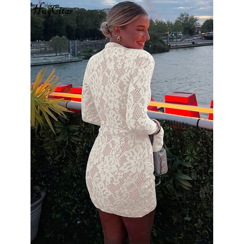 Sexy Mini Dress Hugcitar Turtleneck Long Flare Sleeve Patchwork Lace Hollow Out Button Women Party 1